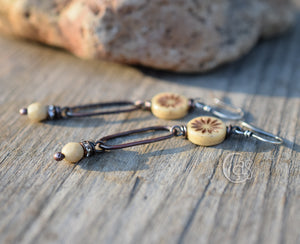 Handcrafted Bronze Flower Hoop Earrings. Bohemian Style Sparkling Cream Czech Glass Beaded Handmade Copper Hoops. Bohemian Style Jewelry.