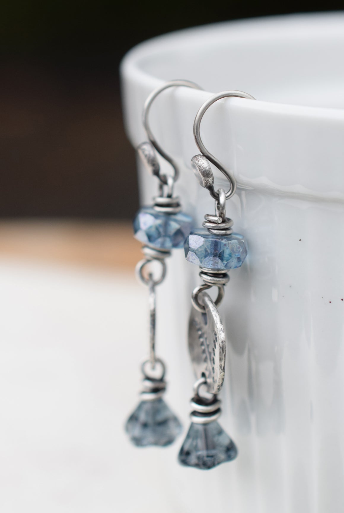 Leafy Botanical Handcrafted Fine Silver Earrings Montana Blue Czech Glass