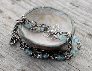 Czech Glass Beaded Bracelet, Blue, Sterling Silver, Handmade - Bohemian Bloom Spring Collection.