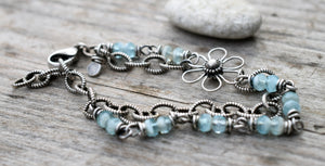 Czech Glass Beaded Bracelet, Blue, Sterling Silver, Handmade - Bohemian Bloom Spring Collection.