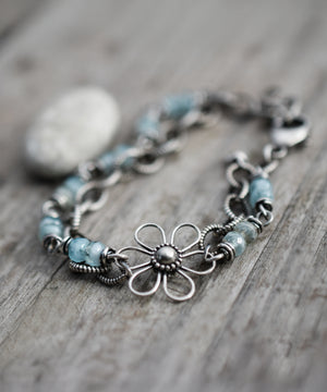 Czech Glass Beaded Bracelet, Blue, Sterling Silver, Handmade - Bohemian Bloom Spring Collection.