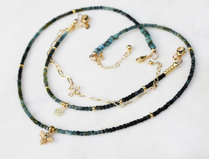 Handcrafted Gold Bee Tourmaline Gemstone Necklace. Beaded Handmade Jewelry. Blue Faceted Natural Stone.