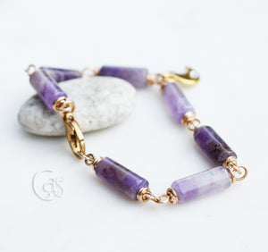 Gold Amethyst Moon Bracelet. Handcrafted Artisan Bronze. Natural Amethyst Gemstone Jewelry.