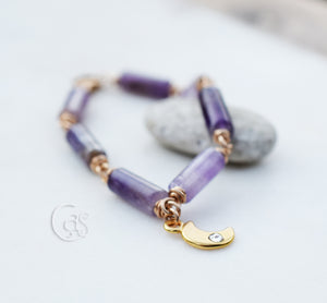 Gold Amethyst Moon Bracelet. Handcrafted Artisan Bronze. Natural Amethyst Gemstone Jewelry.