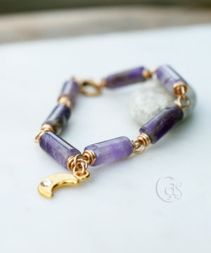 Gold Amethyst Moon Bracelet. Handcrafted Artisan Bronze. Natural Amethyst Gemstone Jewelry.