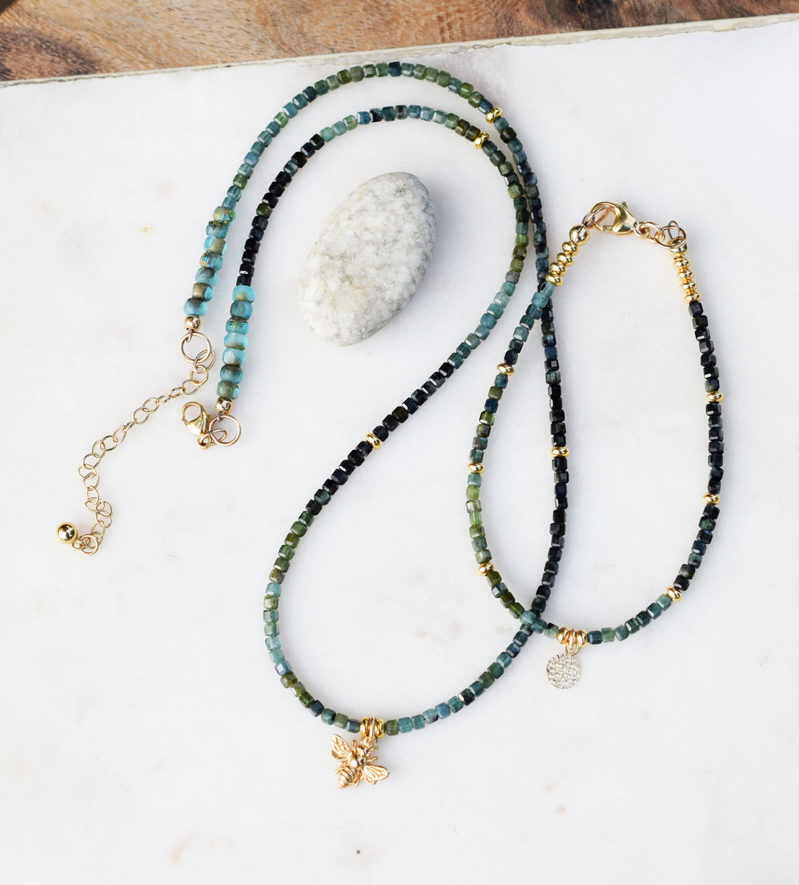 Handcrafted Gold Bee Tourmaline Gemstone Necklace. Beaded Handmade Jewelry. Blue Faceted Natural Stone.