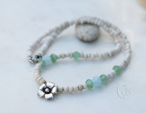 Aquamarine Gemstone Handcrafted Silver Flower Necklace Beaded Aventurine Gemstone Beachy