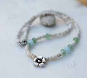 Aquamarine Gemstone Handcrafted Silver Flower Necklace Beaded Aventurine Gemstone Beachy