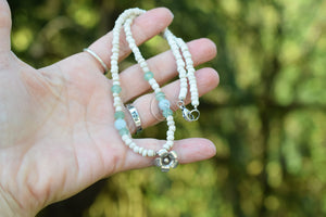 Aquamarine Gemstone Handcrafted Silver Flower Necklace Beaded Aventurine Gemstone Beachy