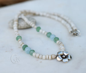 Aquamarine Gemstone Handcrafted Silver Flower Necklace Beaded Aventurine Gemstone Beachy
