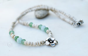 Aquamarine Gemstone Handcrafted Silver Flower Necklace Beaded Aventurine Gemstone Beachy