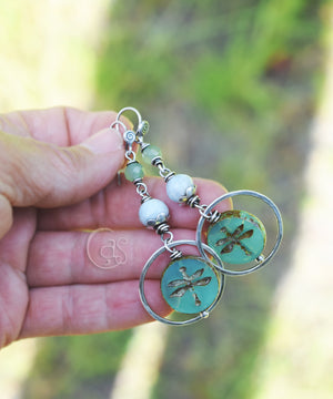 Handcrafted Silver Hoops. Dragonfly Hoop Earrings. Sky & Stone. Dragonfly Gemstone Hoops