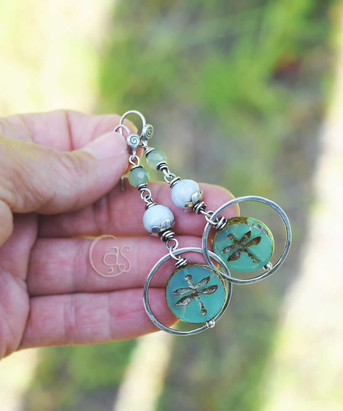 Handcrafted Silver Hoops. Dragonfly Hoop Earrings. Sky & Stone. Dragonfly Gemstone Hoops