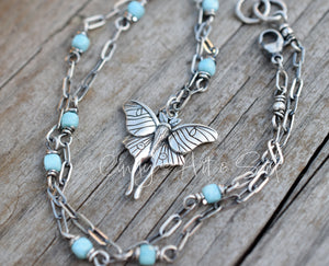 Silver Luna Moth Necklace Larimar Gemstone Beaded Chain Sterling Silver Jewelry