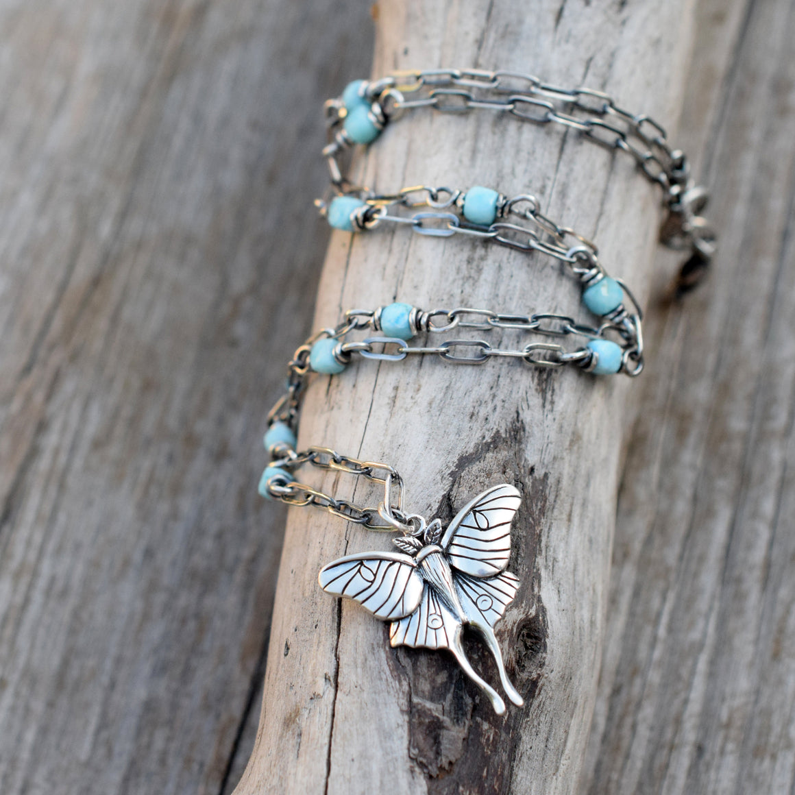 Silver Luna Moth Necklace Larimar Gemstone Beaded Chain Sterling Silver Jewelry