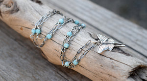 Silver Luna Moth Necklace Larimar Gemstone Beaded Chain Sterling Silver Jewelry