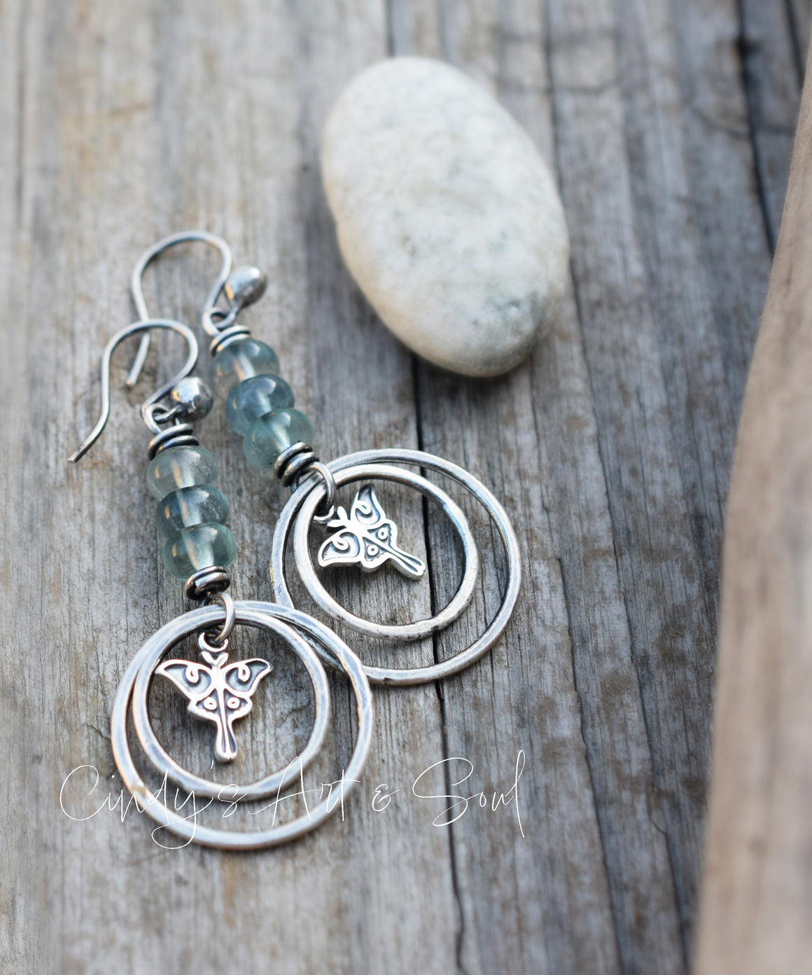 Luna Moth Hoop Earrings Sterling SIlver Handcrafted Gemstone Earrings. Blue Fluorite Stone.