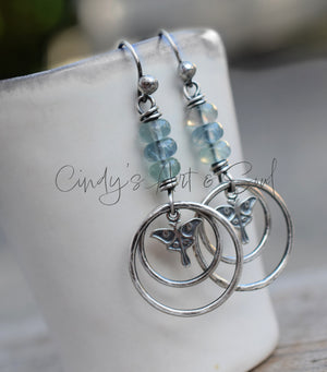 Luna Moth Hoop Earrings Sterling SIlver Handcrafted Gemstone Earrings. Blue Fluorite Stone.