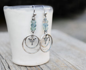 Luna Moth Hoop Earrings Sterling SIlver Handcrafted Gemstone Earrings. Blue Fluorite Stone.