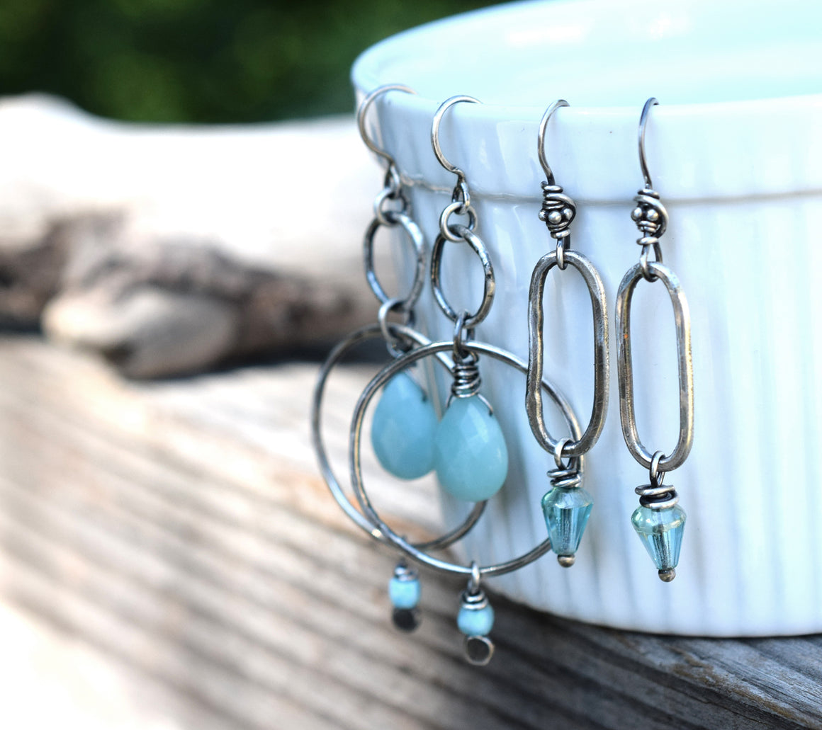 Solid Silver Hoops Sky Blue Gemstone Briolette Earrings. Handcrafted Gemstone Jewelry.