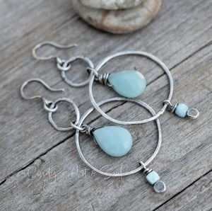 Solid Silver Hoops Sky Blue Gemstone Briolette Earrings. Handcrafted Gemstone Jewelry.