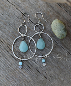 Solid Silver Hoops Sky Blue Gemstone Briolette Earrings. Handcrafted Gemstone Jewelry.