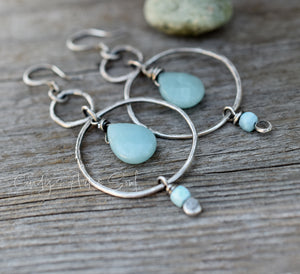 Solid Silver Hoops Sky Blue Gemstone Briolette Earrings. Handcrafted Gemstone Jewelry.