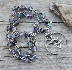 RESERVED FOR KO. Pure Silver Handcrafted Necklace. Crescent Moon Mushroom Necklace. Fluorite Gemstone Beaded Chain.
