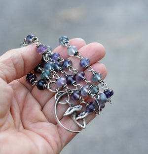 RESERVED FOR KO. Pure Silver Handcrafted Necklace. Crescent Moon Mushroom Necklace. Fluorite Gemstone Beaded Chain.