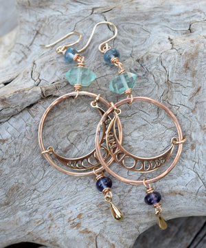 Gold Bronze Gemstone Handcrafted Hoop Earrings | Lunar Cascade Earrings | Luminaries Collection