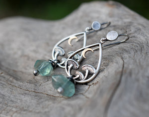 Moonlit Grove Sterling Silver Mushroom Earrings. Handcrafted. Crescent Moon Hoops with Green Fluorite Gemstones.