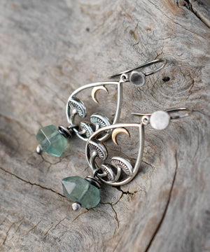 Moonlit Grove Sterling Silver Mushroom Earrings. Handcrafted. Crescent Moon Hoops with Green Fluorite Gemstones.