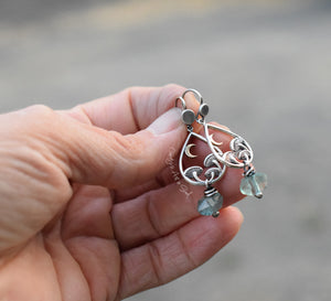 Moonlit Grove Sterling Silver Mushroom Earrings. Handcrafted. Crescent Moon Hoops with Green Fluorite Gemstones.
