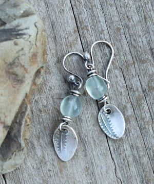 Pale Green Fluorite Gemstone Earrings with Fine Silver Leaf Charms. Handcrafted.