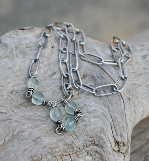 Green Fluorite Gemstone Necklace. Handcrafted Pure Silver Chain Necklace. Luminaries.