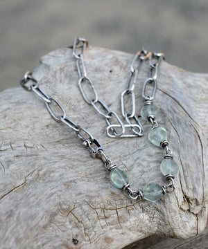 Green Fluorite Gemstone Necklace. Handcrafted Pure Silver Chain Necklace. Luminaries.