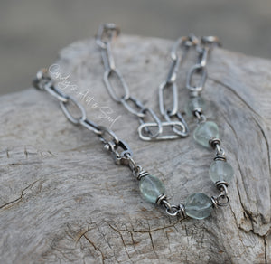 Green Fluorite Gemstone Necklace. Handcrafted Pure Silver Chain Necklace. Luminaries.