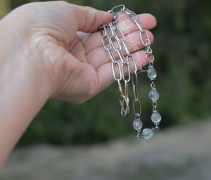 Green Fluorite Gemstone Necklace. Handcrafted Pure Silver Chain Necklace. Luminaries.