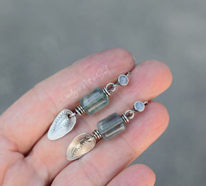 Silver Leaf Earrings. Handcrafted Fluorite Gemstone Dangle Earrings. Luminaries.