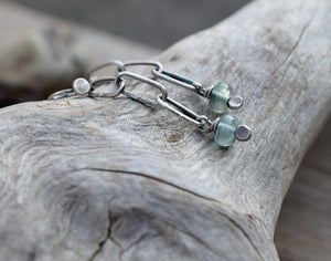 Fluorite Gemstone Chain Dangle Earrings. Handcrafted Pure Silver. Luminaries.