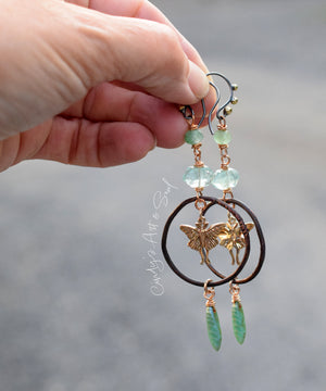 Golden Bronze Luna Moth Earrings. Long Hoop Gemstone Earrings | Luminaries Collection