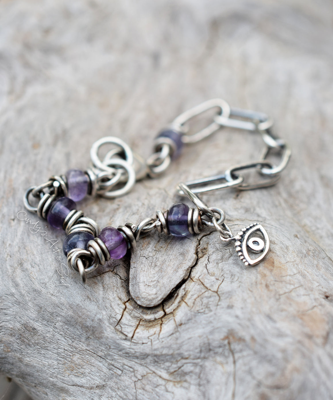 Silver Eye Bracelet. Purple Fluorite Gemstones. Pure Silver Chain Bracelet.