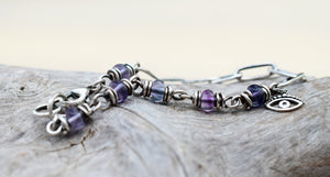 Silver Eye Bracelet. Purple Fluorite Gemstones. Pure Silver Chain Bracelet.