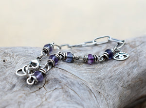 Silver Eye Bracelet. Purple Fluorite Gemstones. Pure Silver Chain Bracelet.