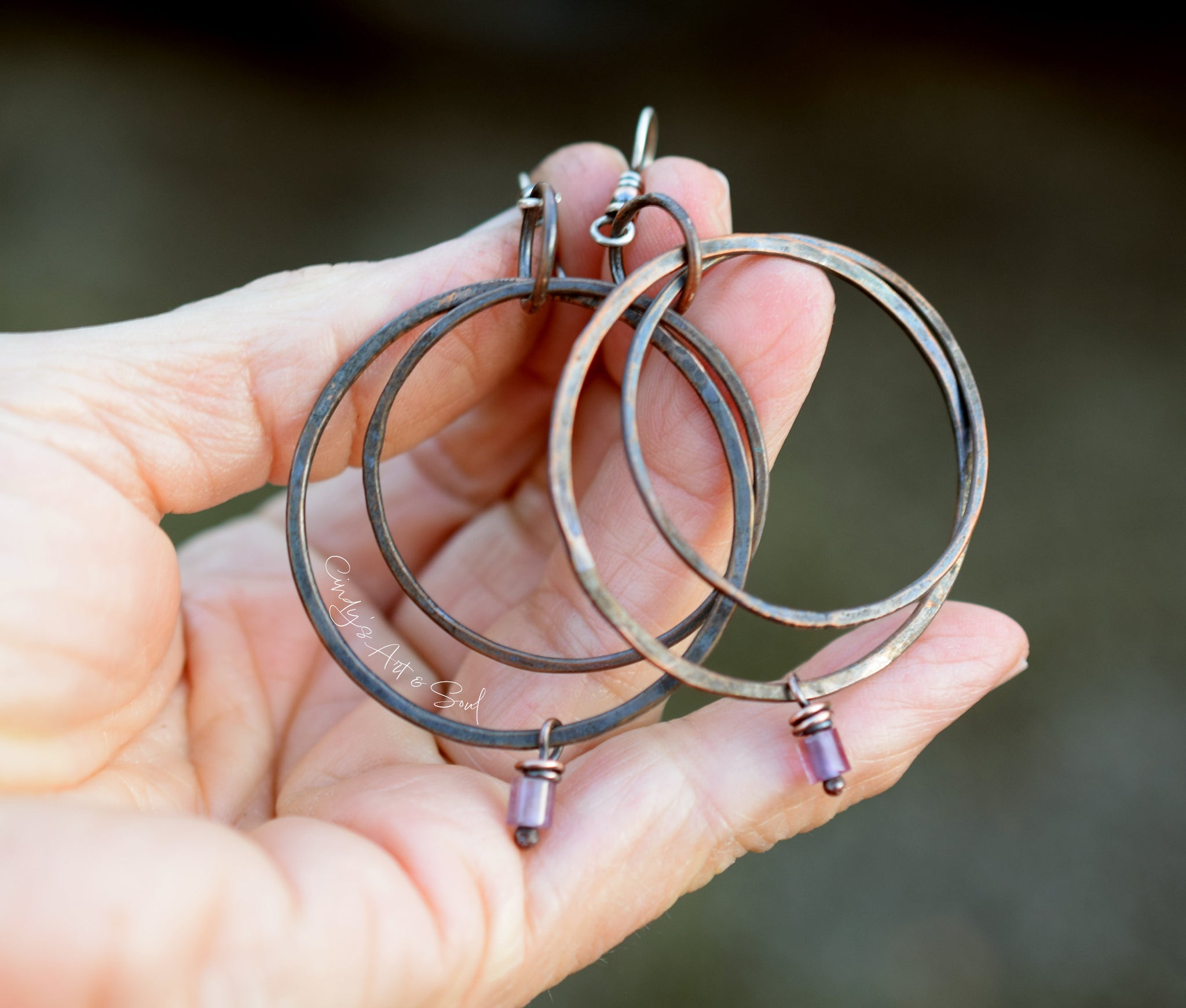 Handcrafted Solid Copper Hoop Earrings Featuring Amethyst Drops
