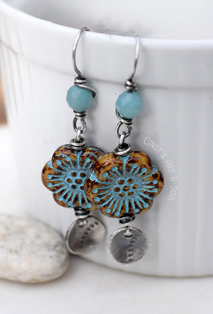 Sterling Silver Wild Rose Flower Earrings, Amazonite and Czech Glass