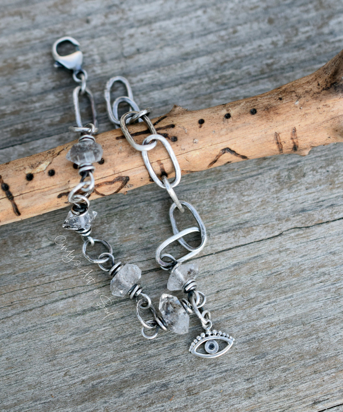 Herkimer Diamond Bracelet. Evil Eye Charm Jewelry. Handcrafted. Pure Silver.