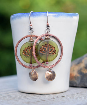 Bronze and Green Lotus Boho Hoop Earrings. Copper Hoops.