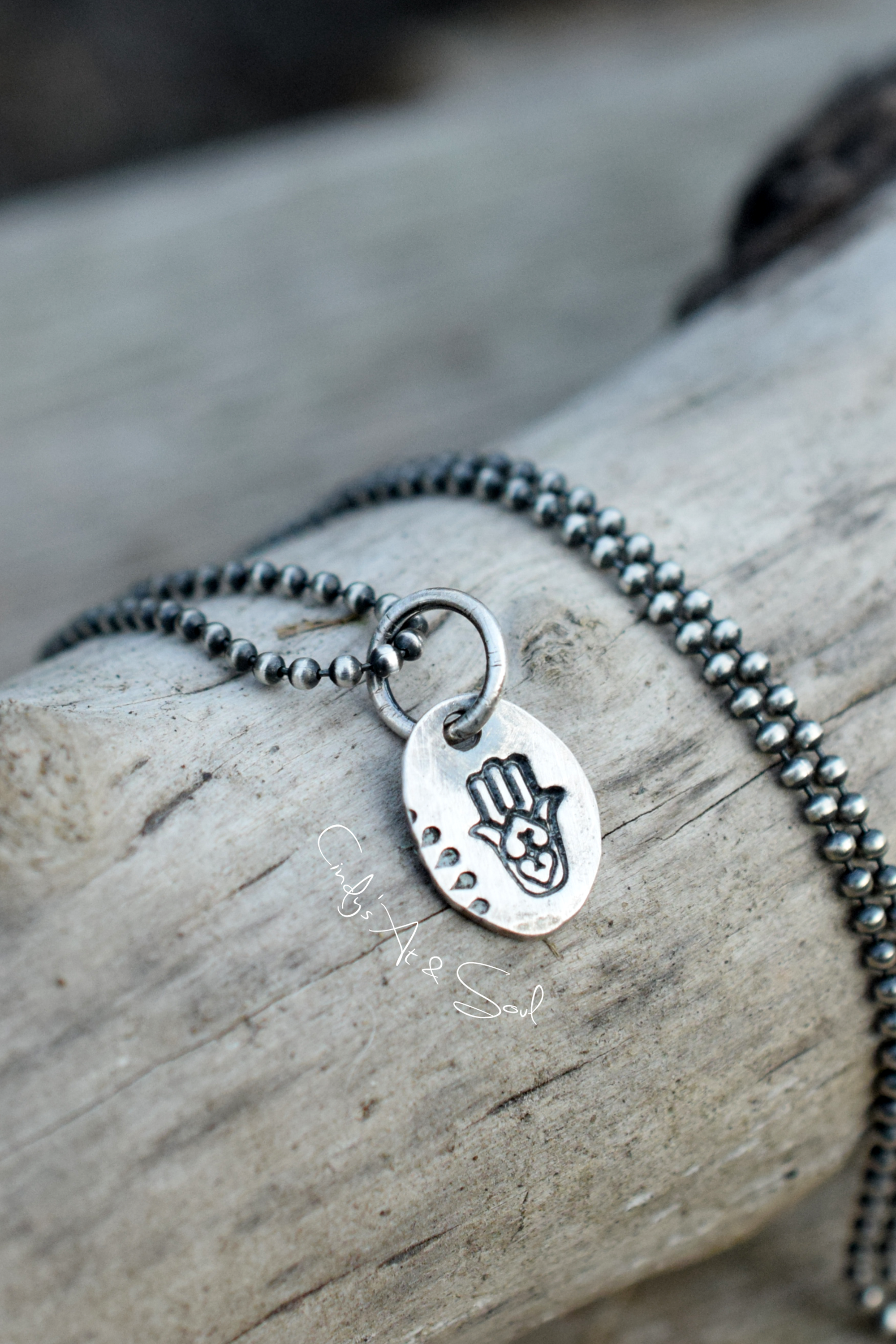 Hamsa Hand Pendant Charm. Handcrafted Pure Silver.