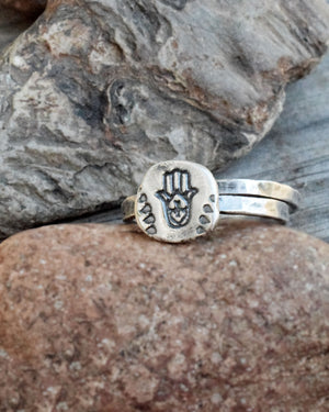 Hamsa Ring Stacking Set of Two Bands. Fine Silver Spiritual Jewelry. Handcrafted Silver Rings. Cindy's Art and Soul Jewelry.